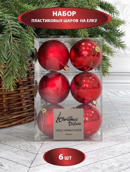 Набор пластиковых шаров Парис 80 мм., красный, 6 шт., Christmas DeLuxe (87568) 