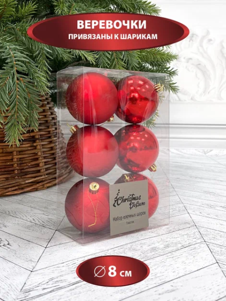 Набор пластиковых шаров Парис 80 мм., красный, 6 шт., Christmas DeLuxe (87568) 