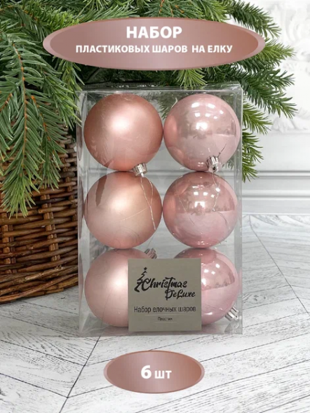 Набор пластиковых шаров Парис 80 мм., розовый перламутр, 6 шт., Christmas DeLuxe (87063) 