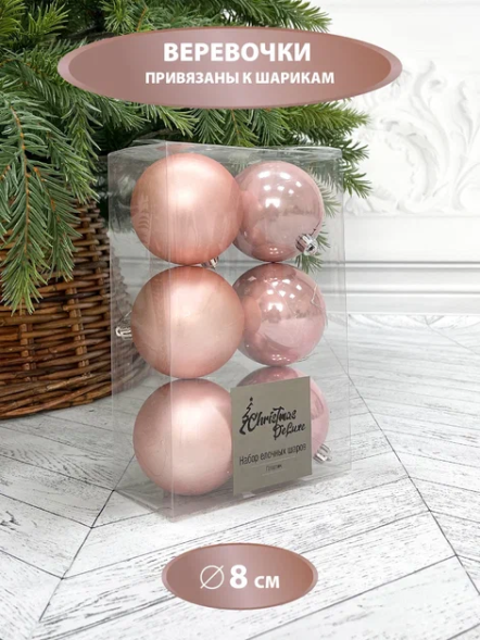 Набор пластиковых шаров Парис 80 мм., розовый перламутр, 6 шт., Christmas DeLuxe (87063) 