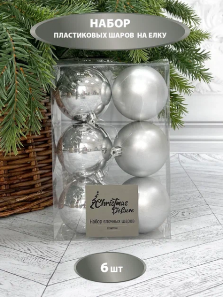 Набор пластиковых шаров Парис 80 мм., серебро, 6 шт., Christmas DeLuxe (87562) 