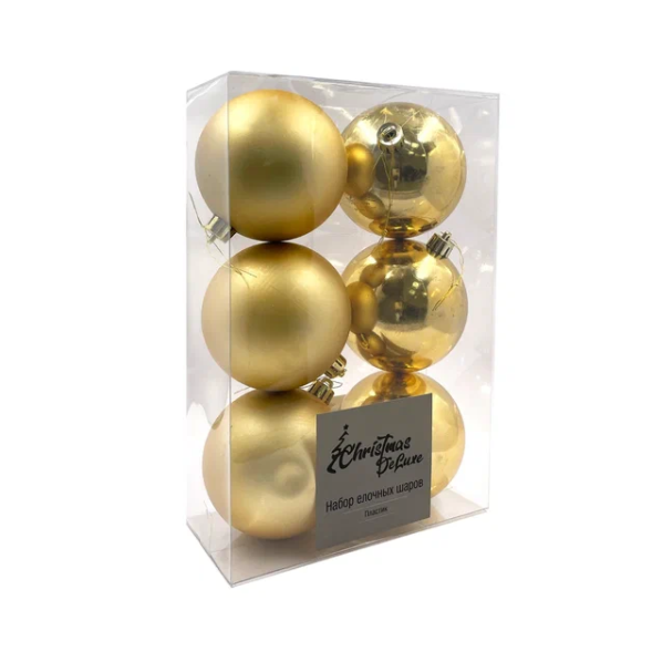 Набор пластиковых шаров Парис 80 мм., золото, 6 шт., Christmas DeLuxe (87563) 