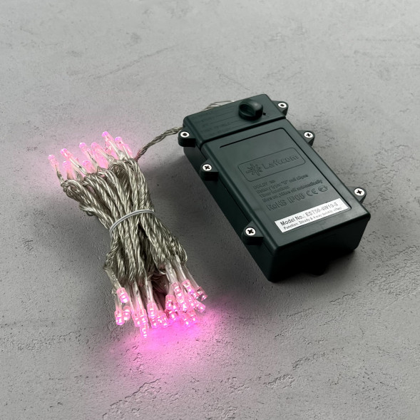 Светодиодная гирлянда 10 м., 3 батарейки типа D 4.5V, 100 LED ламп светло розового цвета, таймер, прозрачный провод, LTC (EST100-4W10-8BP) 