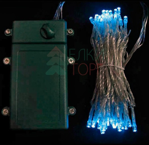 Светодиодная гирлянда 10 м., 3 батарейки типа D 4.5V, 100 LED ламп небесно голубого цвета, таймер, прозрачный провод, LTC (EST100-4W10-8SB) 
