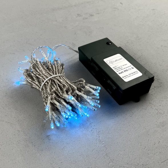 Светодиодная гирлянда 10 м., 3 батарейки типа D 4.5V, 100 LED ламп небесно голубого цвета, таймер, прозрачный провод, LTC (EST100-4W10-8SB) 
