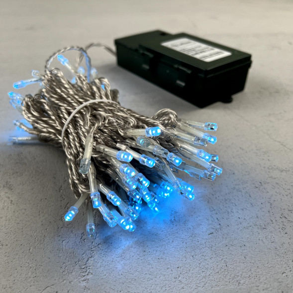 Светодиодная гирлянда 10 м., 3 батарейки типа D 4.5V, 100 LED ламп небесно голубого цвета, таймер, прозрачный провод, LTC (EST100-4W10-8SB) 
