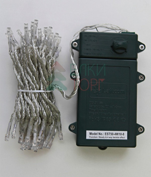 Светодиодная гирлянда 10 м., 3 батарейки типа D 4.5V, 100 LED ламп холодного белого цвета, таймер, прозрачный провод, LTC (EST100-4W10-8W) 