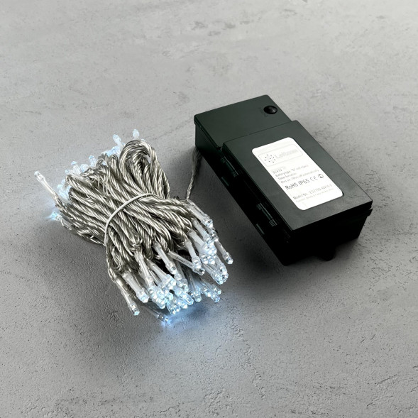 Светодиодная гирлянда 10 м., 3 батарейки типа D 4.5V, 100 LED ламп холодного белого цвета, таймер, прозрачный провод, LTC (EST100-4W10-8W) 