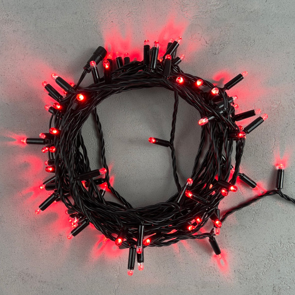 Светодиодная гирлянда с колпачком 100 красных LED ламп 10 м., 24В., черный провод ПВХ, IP65, LTC (PST100CAP-11-1R) 