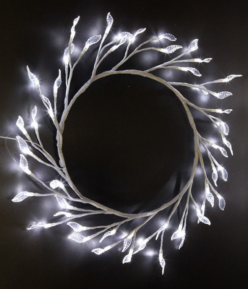Светодиодная флористика Венок с листьями 3 м., 220V, 48 холодных белых LED ламп, белый провод, Beaut 