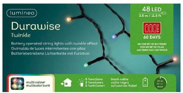 Светодиодная гирлянда на батарейках с контроллером 3.5 м., 48 разноцветных LED ламп, 3 батарейки типа АА, черный ПВХ провод, Kaemingk (497126) 