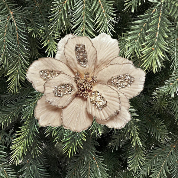 Декоративный цветок Магнолия 26 см., шампань, на клипсе, Christmas DeLuxe (89566) 