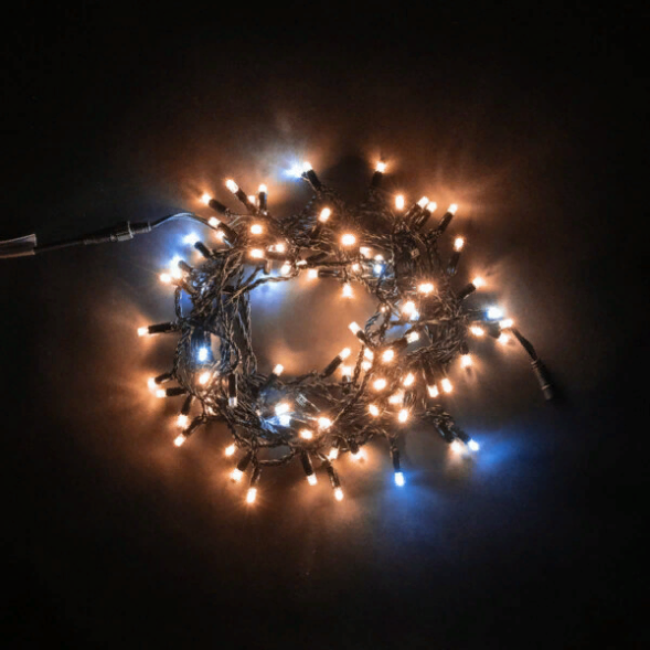 Светодиодная гирлянда с колпачком 100 экстра теплых белых LED ламп 10 м., мерцание, 24В., черный провод ПВХ, IP65, LTC (PST100BLWCAP-11-1EWW) 