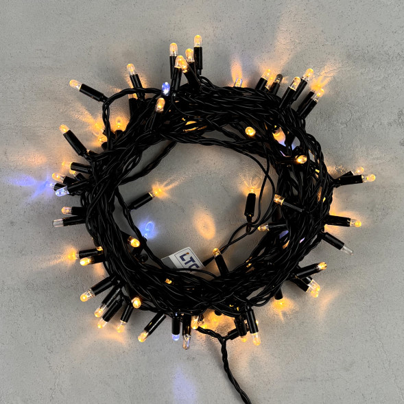 Светодиодная гирлянда с колпачком 100 экстра теплых белых LED ламп 10 м., мерцание, 24В., черный провод ПВХ, IP65, LTC (PST100BLWCAP-11-1EWW) 