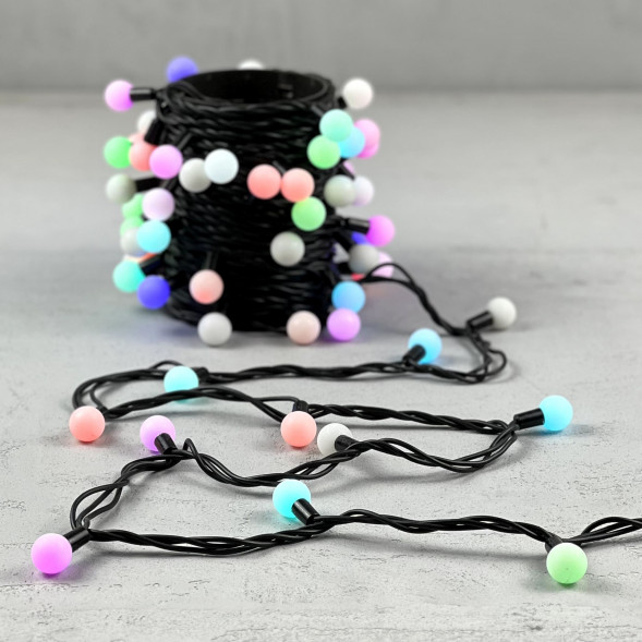 Светодиодная гирлянда шарики Fiesta, 7 м., 75 RGB LED ламп 23 мм, черный каучук, Beauty Led (RGB BB75-2-2RGB) 