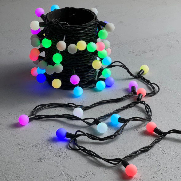 Светодиодная гирлянда шарики Fiesta, 7 м., 75 RGB LED ламп 23 мм, черный каучук, Beauty Led (RGB BB75-2-2RGB) 