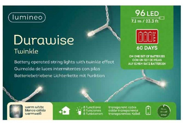 Светодиодная гирлянда на батарейках с контроллером 7.1 м., 96 теплых белых LED ламп, белый ПВХ провод, 3 батарейки типа АА, Kaemingk (497151) 
