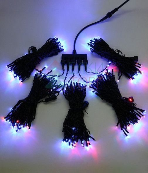 Комплект гирлянды на деревья с контроллером 100 м., 5 лучей по 20 м, 1000 RGB LED ламп, черный силик 