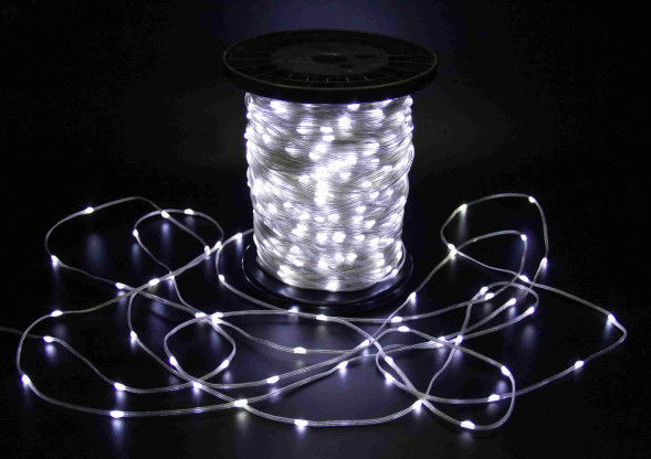 Светодиодная нить Краса 200 м., 2000 холодных белых LED ламп, 24В, статика, прозрачный провод ПВХ, Teamprof (TPF-CR200-24V-T/W) 