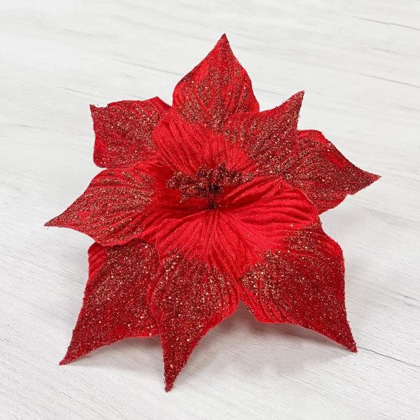 Декоративный цветок Пуансеттия 30 см., красный с блестками, на клипсе, Christmas DeLuxe (87132) 