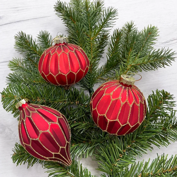 Набор стеклянных украшений Золотой узор 80 мм., 12 шт., красный, Christmas DeLuxe (86800) 