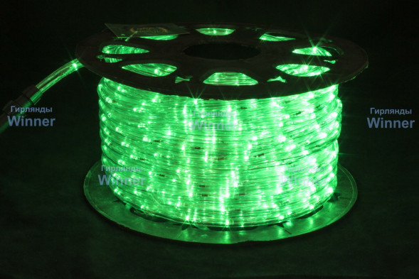 Дюралайт круглый Ø 10.5 мм., 220V, 3-жилы, зеленый LED лампы 24 шт на 1 м., бухта 100 м, силикон, Winner (05.100.10,5.24G) 