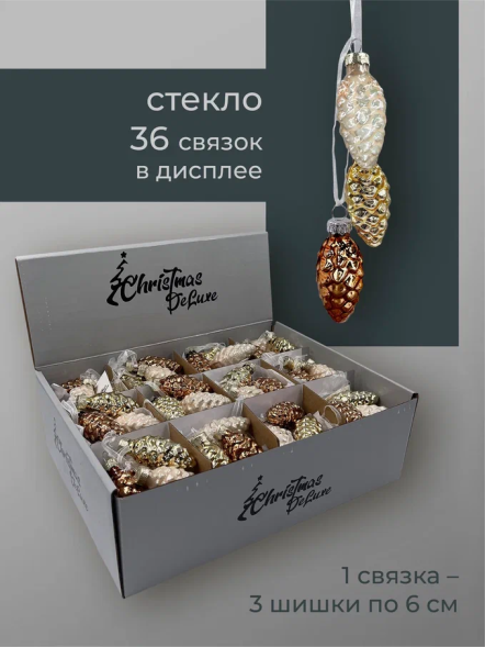 Набор стеклянных украшений Гроздь Шишек, 3 шт., 6 см., шампань, бронза, молочный, Christmas DeLuxe (89874) 