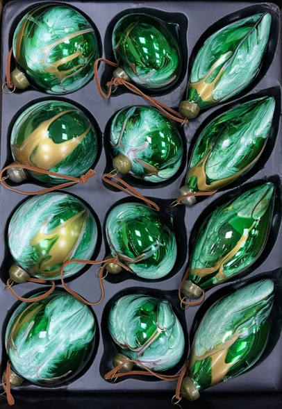 Набор стеклянных украшений Акварель зеленая 80 мм., 12 шт., ChristmasDe Luxe (87196) 