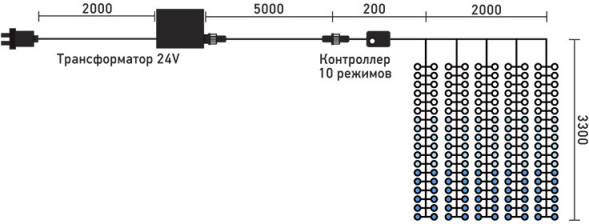 Занавес с эффектом бегущий огонь 2*3.3 м., 24V, 320 LED ламп бело - синего цвета, прозрачный провод, Beauty Led (ESI321-SH10-1WB) 