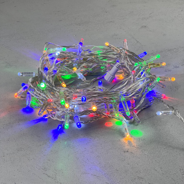 Светодиодная гирлянда с колпачком 100 разноцветных LED ламп 10 м., мерцание, 24В., прозрачный провод ПВХ, IP65, LTC (PST100BLWCAP-10-1M) 
