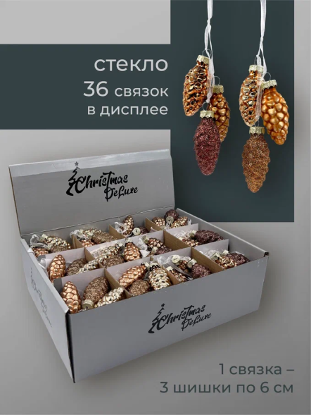 Набор стеклянных украшений Гроздь Шишек, 3 шт., 6 см., бронза, Christmas DeLuxe (89881) 