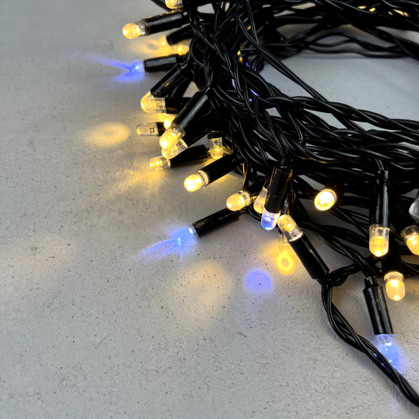 Светодиодная гирлянда с колпачком 100 теплых белых LED ламп 10 м., мерцание, 24В., черный провод ПВХ, IP65, LTC (PST100BLWCAP-11-1WW) 