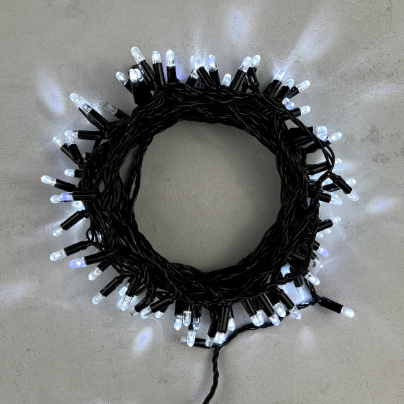  Светодиодная гирлянда с колпачком 100 холодных белых LED ламп 10 м., мерцание, 24В., черный провод ПВХ, IP65, LTC (PST100BLWCAP-11-1W)  