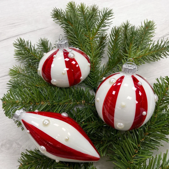 Набор стеклянных украшений Белуччи 80 мм., 12 шт., красный с белым, Christmas DeLuxe (87245) 