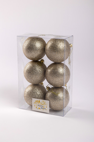 Набор пластиковых шаров Анет 80 мм., шампань глиттер, 6 шт., ЕлкиТорг (150340) оптом