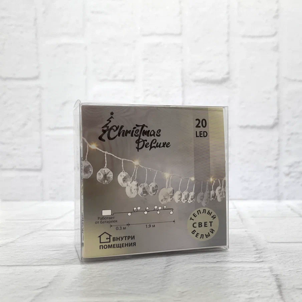 Гирлянда на батарейках Кристаллы 20 теплых белых ламп, 2 м., Christmas DeLuxe (87419) 