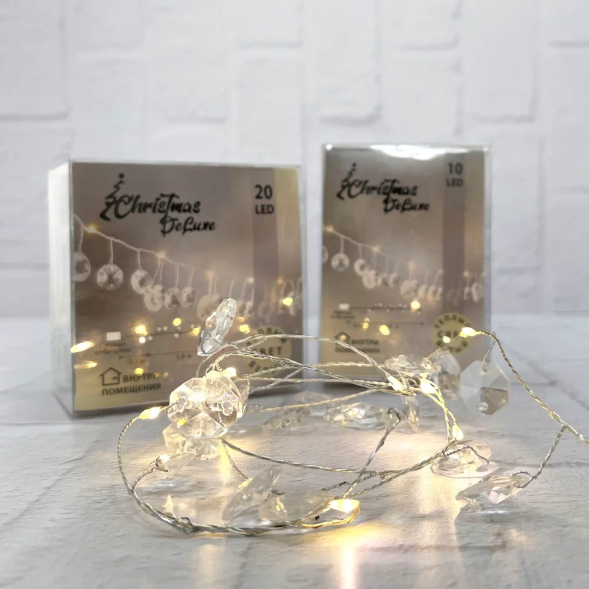 Гирлянда на батарейках Кристаллы 20 теплых белых ламп, 2 м., Christmas DeLuxe (87419) 