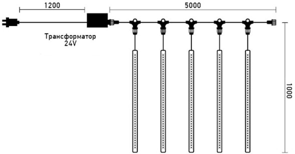 Гирлянда Тающие сосульки 5*1 м., 24V., 480 холодных белых LED ламп, коннектор, черный ПВХ, LTC (CCL480-10-1W) 