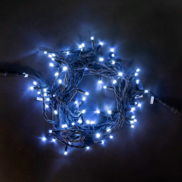 Светодиодная гирлянда с колпачком 75 холодных белых LED ламп 10 м., 24В., черный каучуковый провод, IP65, LTC (LL75-1-1W) 