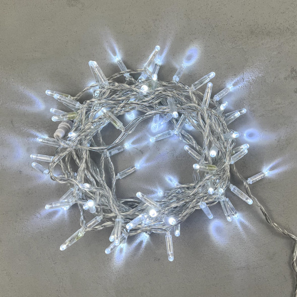 Светодиодная гирлянда с колпачком 100 холодных белых LED ламп 10 м., 220-230 В., прозрачный провод ПВХ, IP65, LTC (PST100CAP-10-2W) 