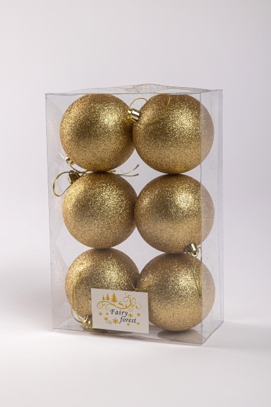 Набор пластиковых шаров Анет 80 мм., золото глиттер, 6 шт., ЕлкиТорг (150345) оптом