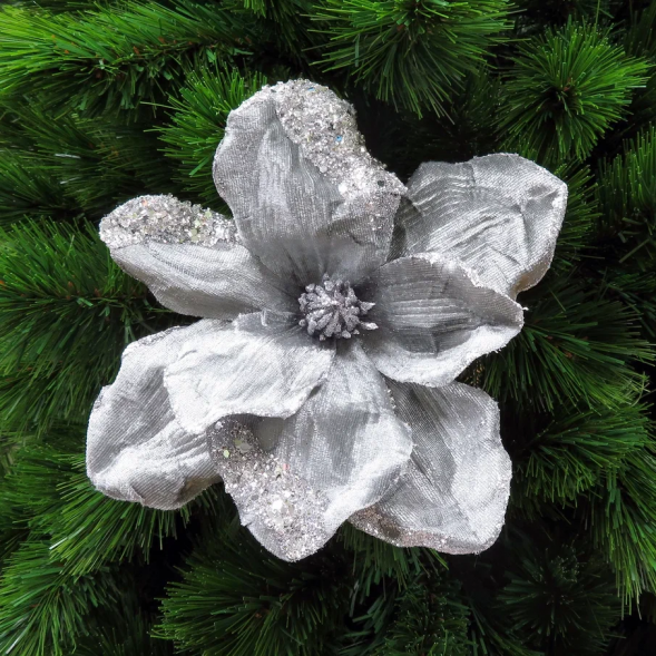 Декоративный цветок Магнолия 23 см., серебро, на клипсе, бархат, Christmas DeLuxe (83897) 