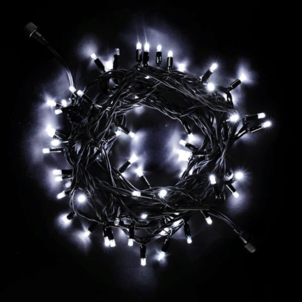 Светодиодная гирлянда с колпачком 75 холодных белых LED ламп 10 м., мерцание, 24В., черный каучуковый провод, IP65, LTC (LL75BLW-1-1W) 