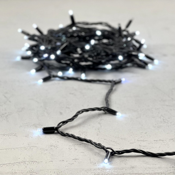 Светодиодная гирлянда с колпачком 75 холодных белых LED ламп 10 м., мерцание, 24В., черный каучуковый провод, IP65, LTC (LL75BLW-1-1W) 