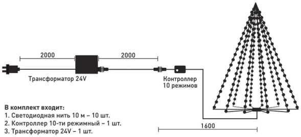 Комплект освещения (гирлянда) для ели 10 нитей по 10 м., 1000 разноцветных LED, контроллер, LTC (KFCT1000-10F11-1M) 