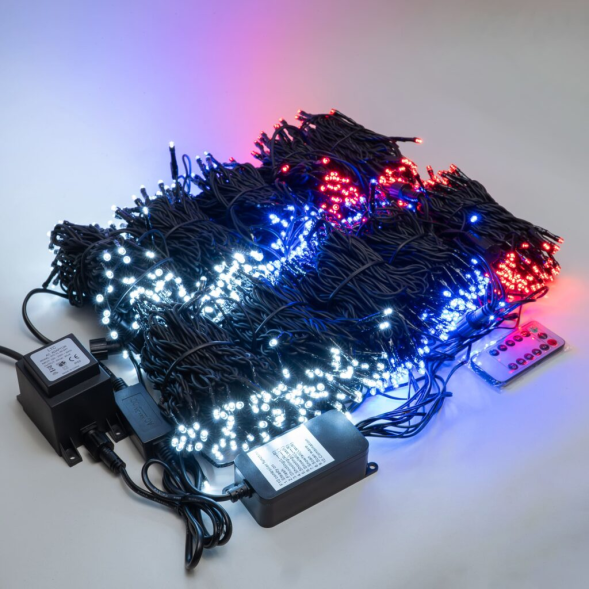 Комплект освещения (гирлянда) для ели 10 нитей по 10 м., 1000 LED ламп: белый,синий,красный,контроллер, LTC (KFCT1000-10F11-1WBR) 