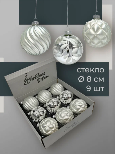 Набор винтажных стеклянных шаров Старинный вальс 80 мм., серебро, 9 шт., Christmas DeLuxe (14089) 