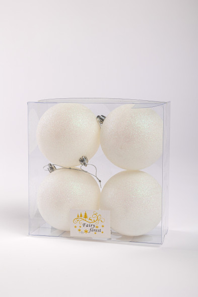 Набор пластиковых шаров Глория 100 мм., белый глиттер, 4 шт., ЕлкиТорг (150439) оптом