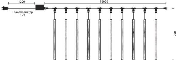 Гирлянда Тающие сосульки 10*0.8 м., 24V., 720 теплых белых LED ламп, коннектор, черный ПВХ, LTC (CCL720-10-1WW) 
