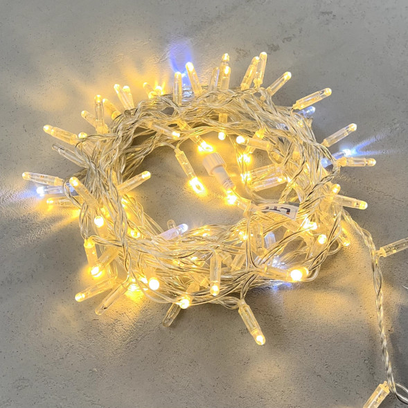 Светодиодная гирлянда с колпачком 100 теплых белых LED ламп 10 м., мерцание, 220-230 В., прозрачный провод ПВХ, IP65, LTC (PST100BLWCAP-10-2WW) 